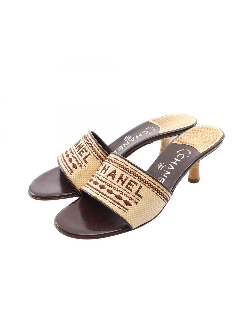 Chanel Logo Mule Sandal Leather Beige #361557C36B